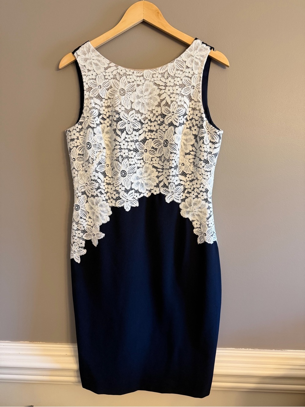 Ralph Lauren Navy Sheath Dress with White Floral Lace